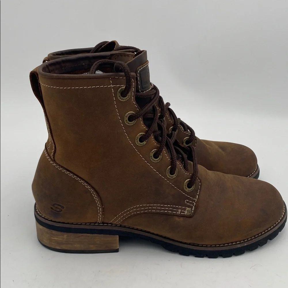 Skechers Brown Leather Lace-Up Boots biker boots women 8 casual office retro Y2K
